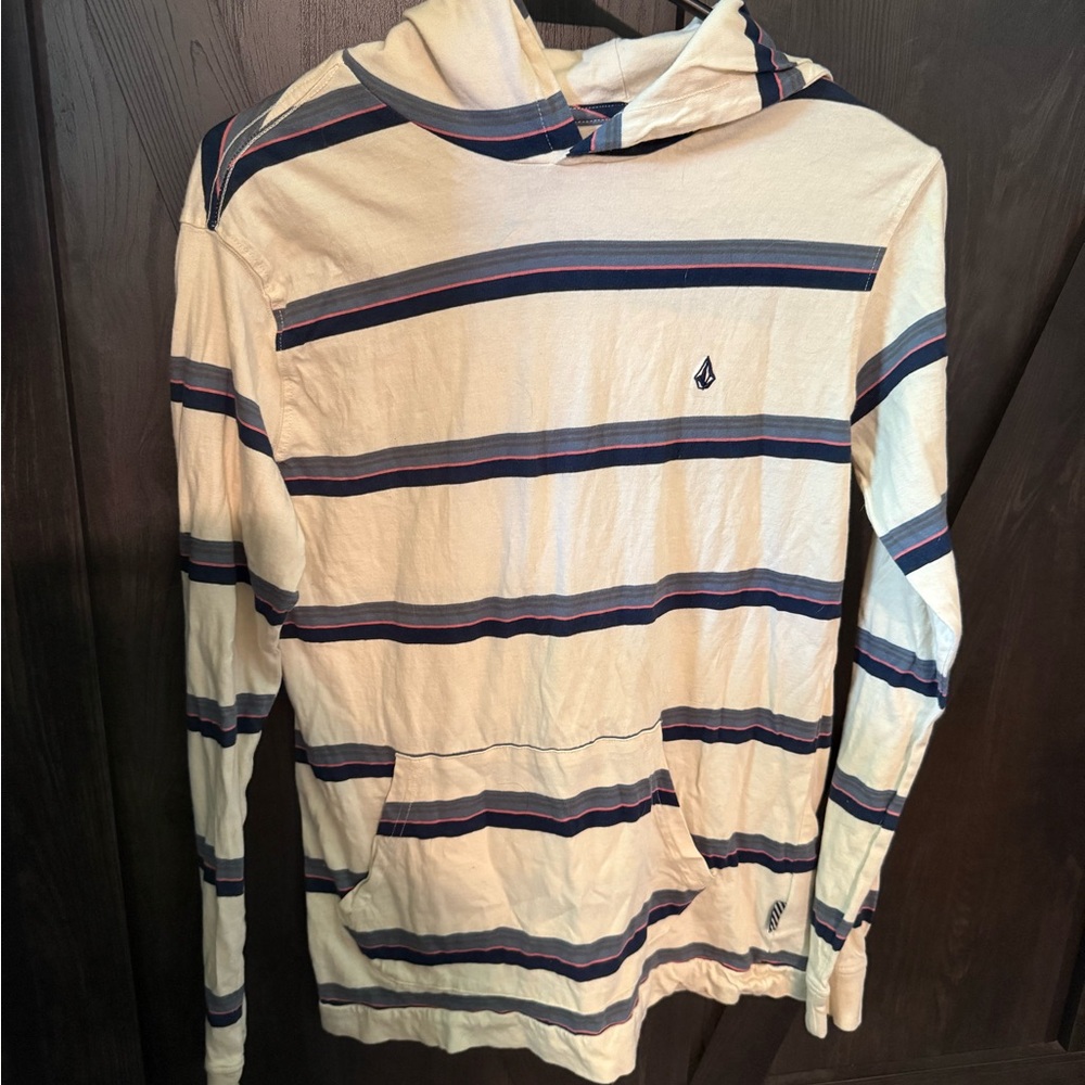Volcom Boys Cream and Navy Striped Hoodie shirt